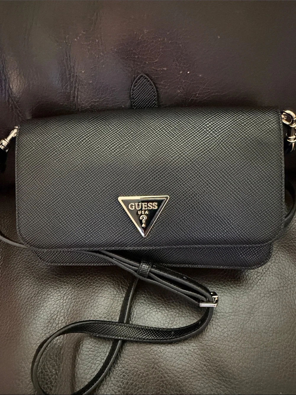 GUESS Black Crossbody with Gold Triangle Logo Accent